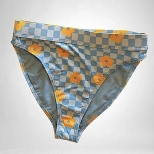 CYN & LUCA SWIM BOTTOM  blue white checks w/ orange flowers SIZE LARGE